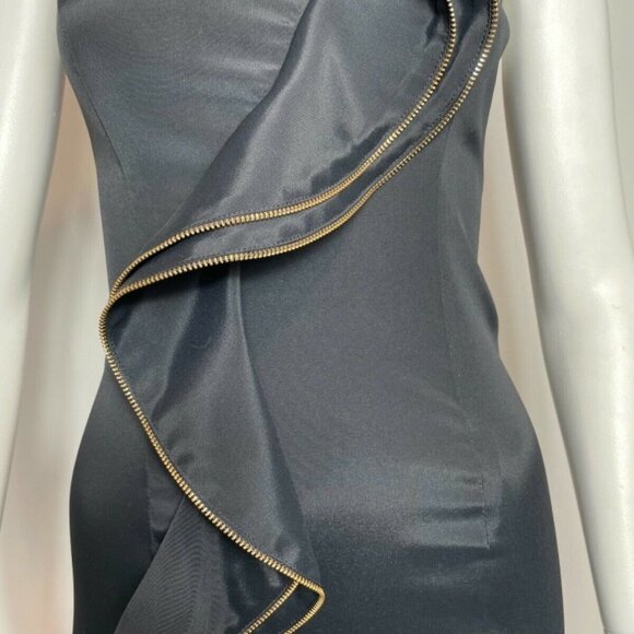 CACHE One Shoulder Zipper Detail‎ Ruffle Black Satin Mini Dress - Picture 4 of 10